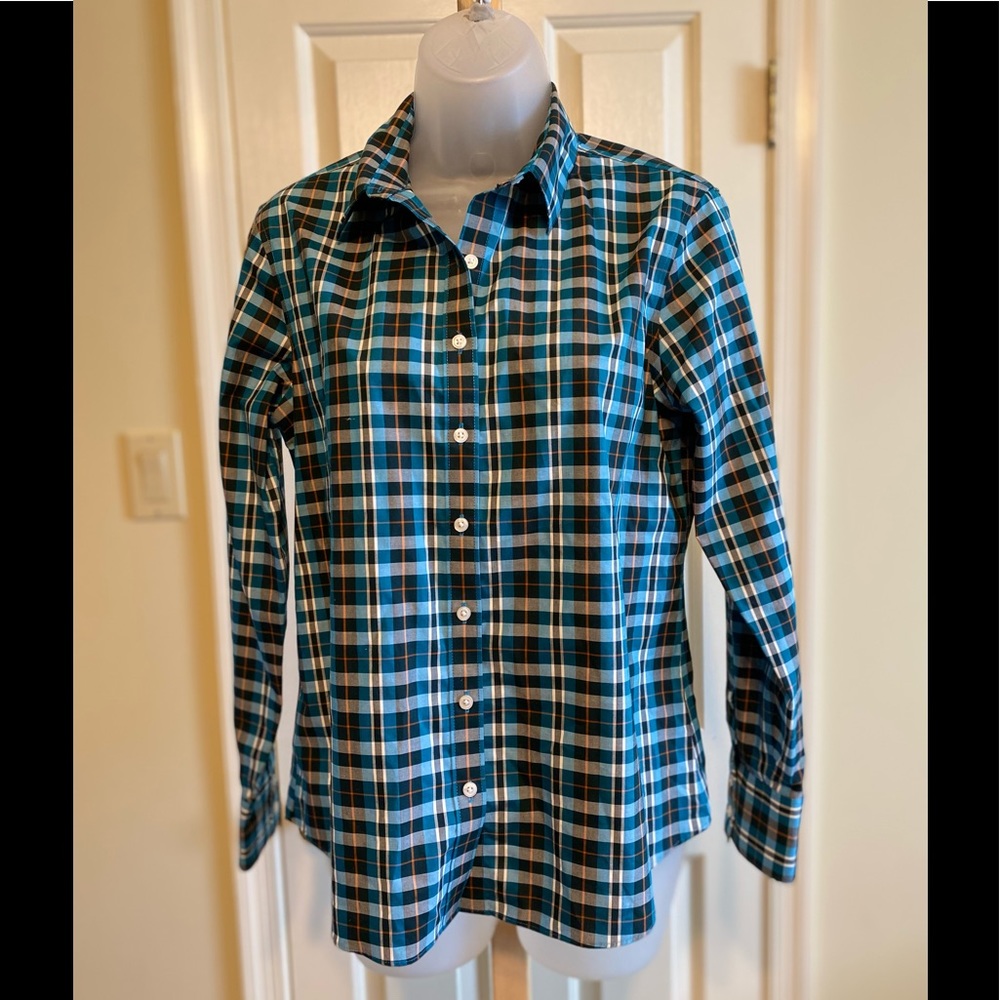 NWOT Lands End - Women’s (teal/orange/black/blue/white) plaid shirt, Size: 6P